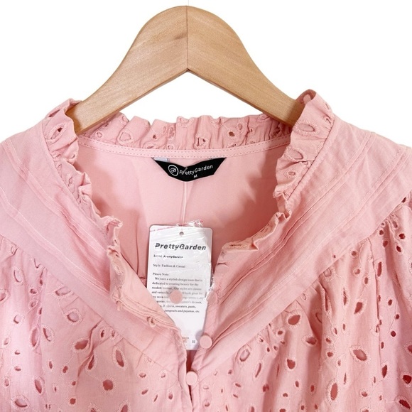 Pretty Garden Eyelet Short Lantern Puffy Sleeve  Blouse Size Medium Dusty Pink - Picture 3 of 9
